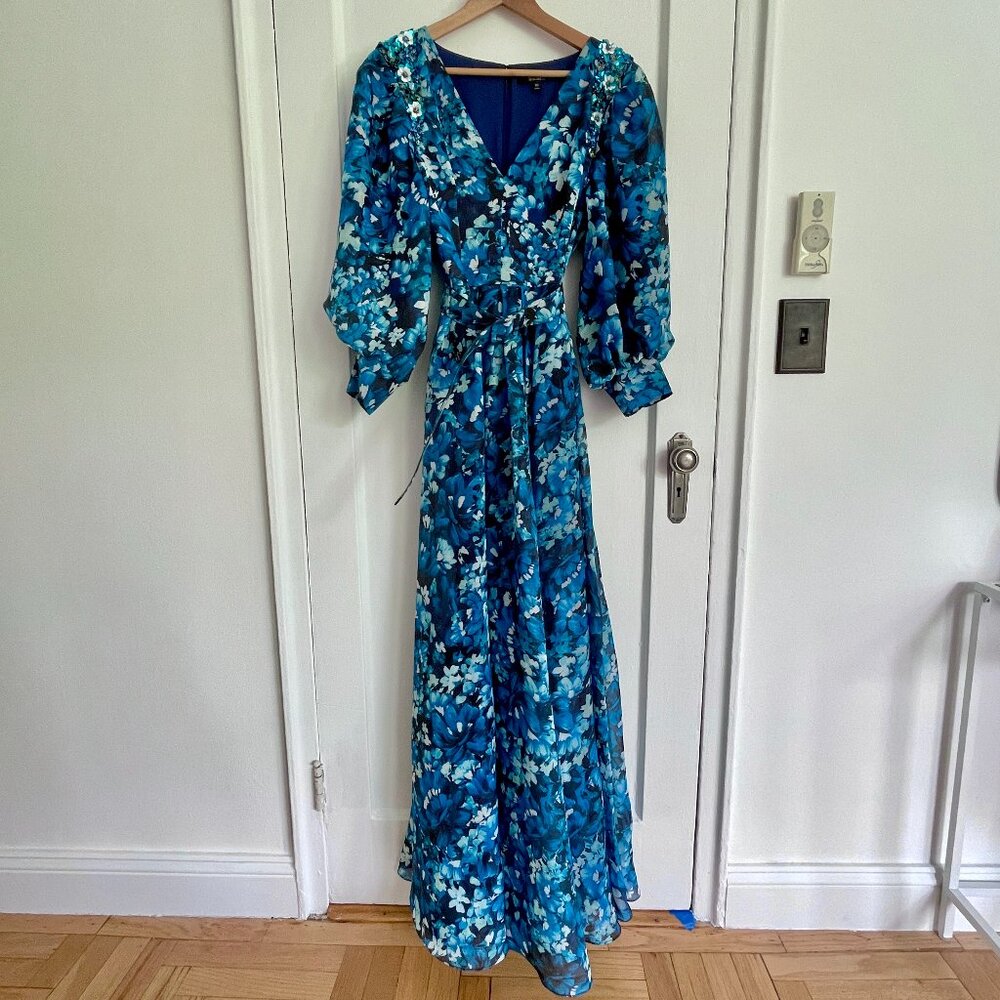 Badgley Mischka Blue Print Puff Sleeve Gown, Size 10 (NWT)